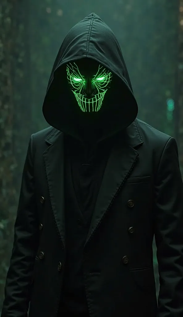 A male wearing a mask with green LEDs and all dressed in black like a stalker 