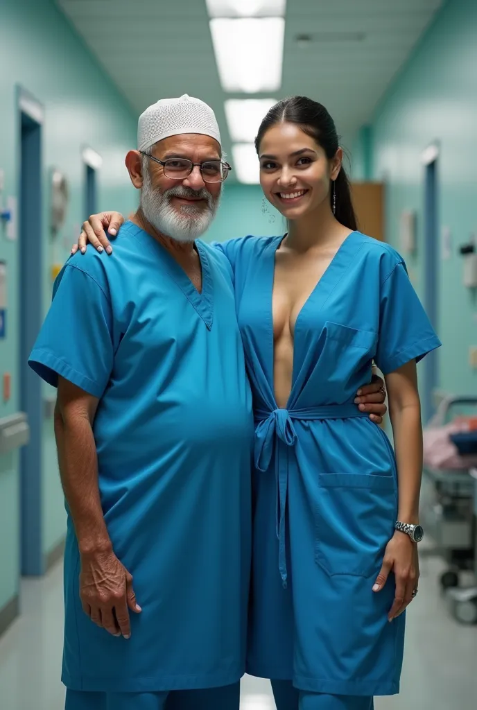 photo of voluptuous young Indian taller than her partner hindu doctor lady, wearing blue apron fully expose, nothing wearing under it,  expose entire cleavage, completely open blue scrub shirt , she's standing like dominant with full of ego and attitude wi...