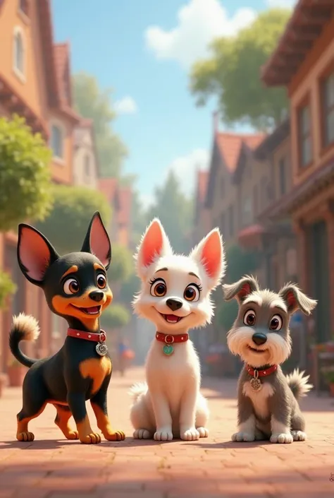 Cute Disney Pixar-style animation: one is a black and brown chihuahua, another is a beautiful white chapi dog and a miniature Schnauzer.