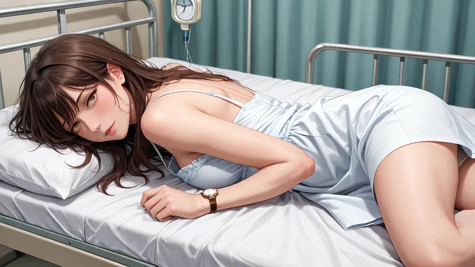 A boy is lying on his back in a hospital bed and is unconscious、Hospital clothes、 infusions、 college student 、22 years old、I don't have a watch、Next to it, a woman wearing a dress watches from the sidelines, hoping that she will regain consciousness