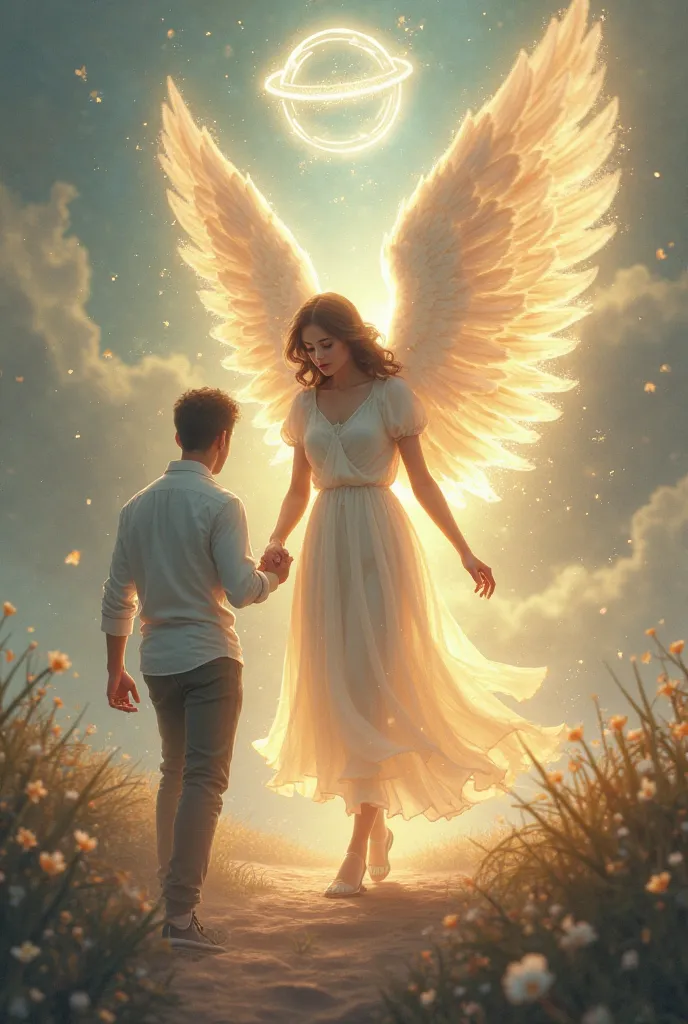 Angel leading a man the way, view from behind, holds hands