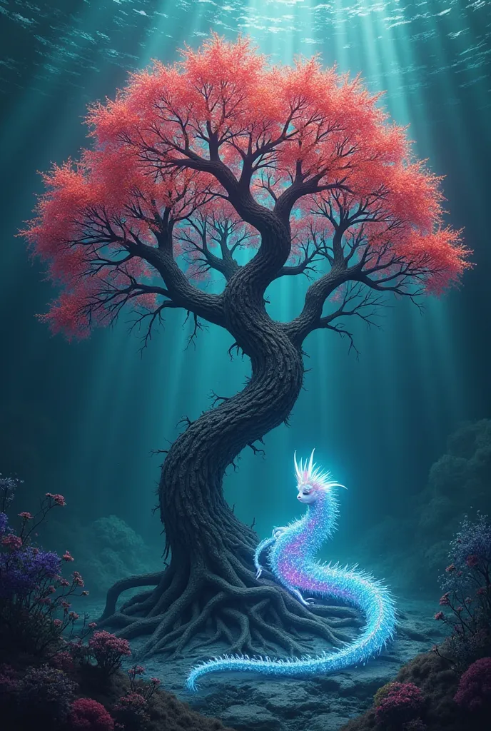 At the bottom of the ocean, a Celtic tree with fluorescent red and blue leaves is placed against this tree, an elegant and majestic creature with ethereal colors. 