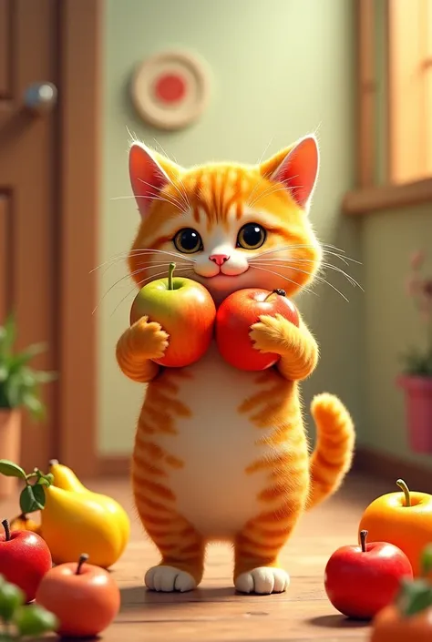 A orange cat coming home with fruits like a human