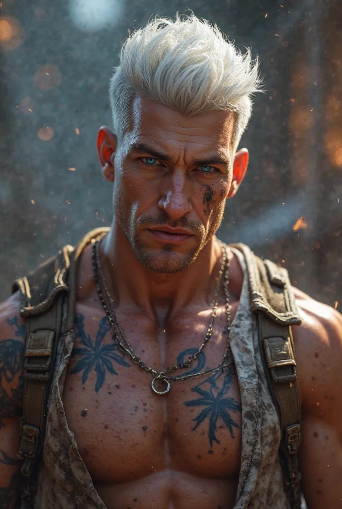 But face to face white hair chest tattoo blue eye a male character from Free Fire