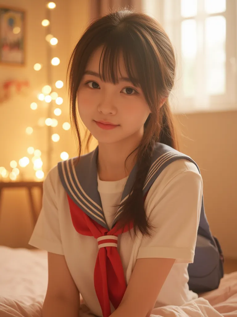 Very Cute Girl、uniform、 slim、 glitter、Warm and soft atmosphere、bangs