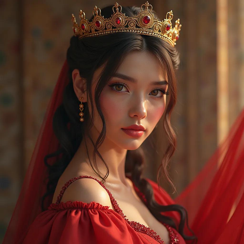 a close up of a woman with crown in a red dress with a red dress, beautiful digital artwork, fantasy art behance, fantasy art style, deviantart artstation cgscosiety, karol bak uhd, 4k highly detailed digital art, 4 k detail fantasy, detailed fantasy digit...