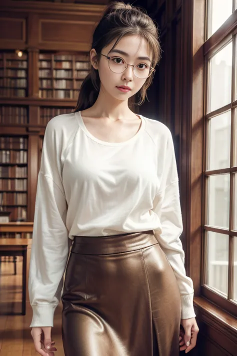 (8k, RAW photo, photorealistic, HQ, masterpiece, Brightly exposed photo), (Very elegant and beautiful, Perfect detail, Super detailed), a cute Japanese woman, (glowing eyes), 
(light smile), brown hair, low tied ponytail, glasses,  (T-shirt, light jacket, ...