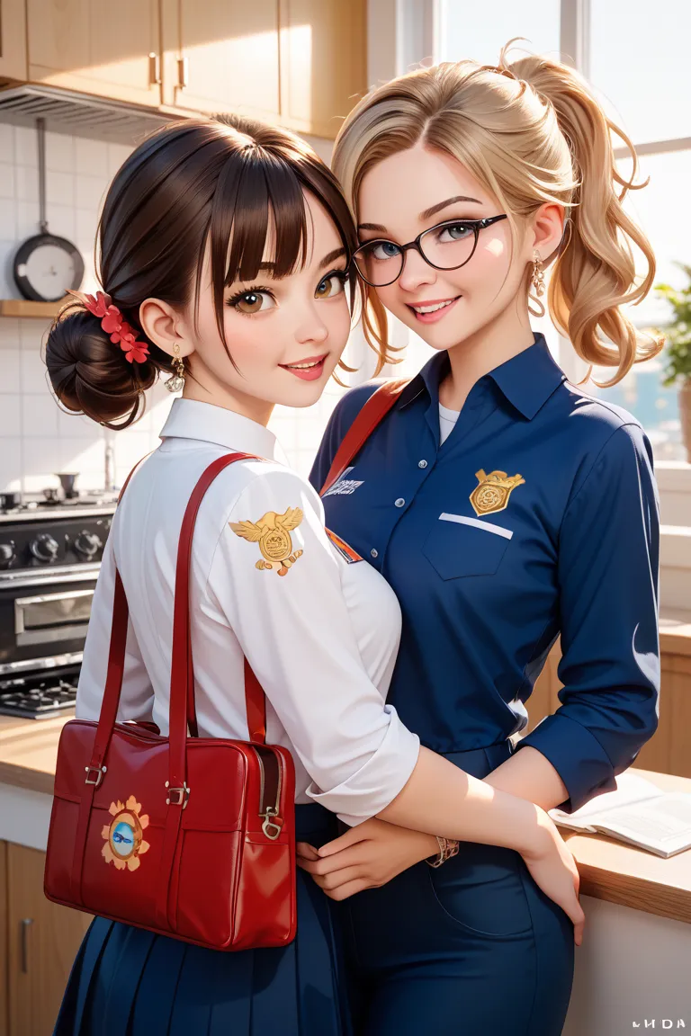 Constraints:DreamWorks images　3D Images　4K quality　The two cute s　are hairstyles with brown bun hair and brown undulations half up　are wearing student blazers and uniforms　The cursive letters SAYURI and YUNA are always printed in large and faithful print o...