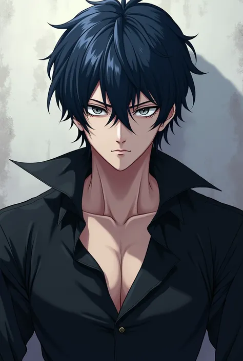 Anime, Man, handsome, grey eyes and black shirt, muscular, fair skin navy hair, cold expression.