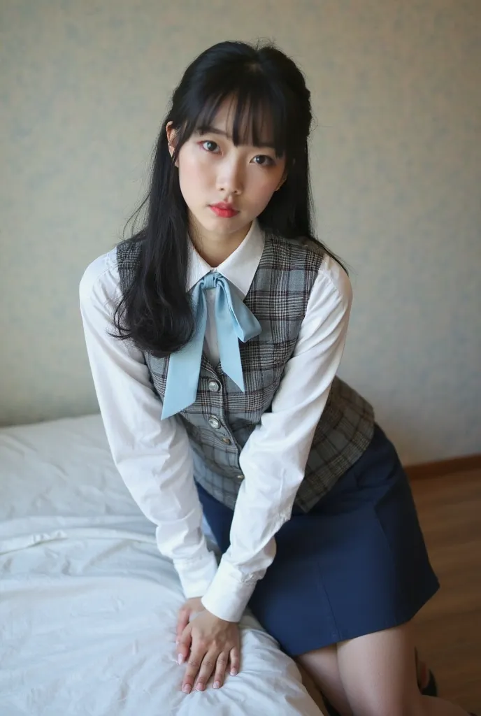 A beautiful Japanese woman. Her head is leanig down from the edge of the bed.  She is wearing a neatly tailored gray checkered vest with a prominent check pattern over a white blouse, a navy blue knee-length pencil skirt, a light blue silk ribbon tied arou...