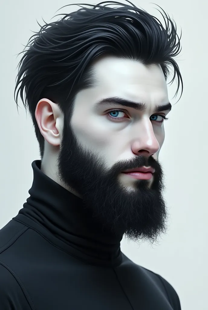 Chat, Create an image of a man for me.
He is very white ( almost an albino) very smooth and thin black hair ( Pompaudor cut) thick eyebrows, extremely blue eyes, 2 meters tall, athletic body design, full beard drawn.

