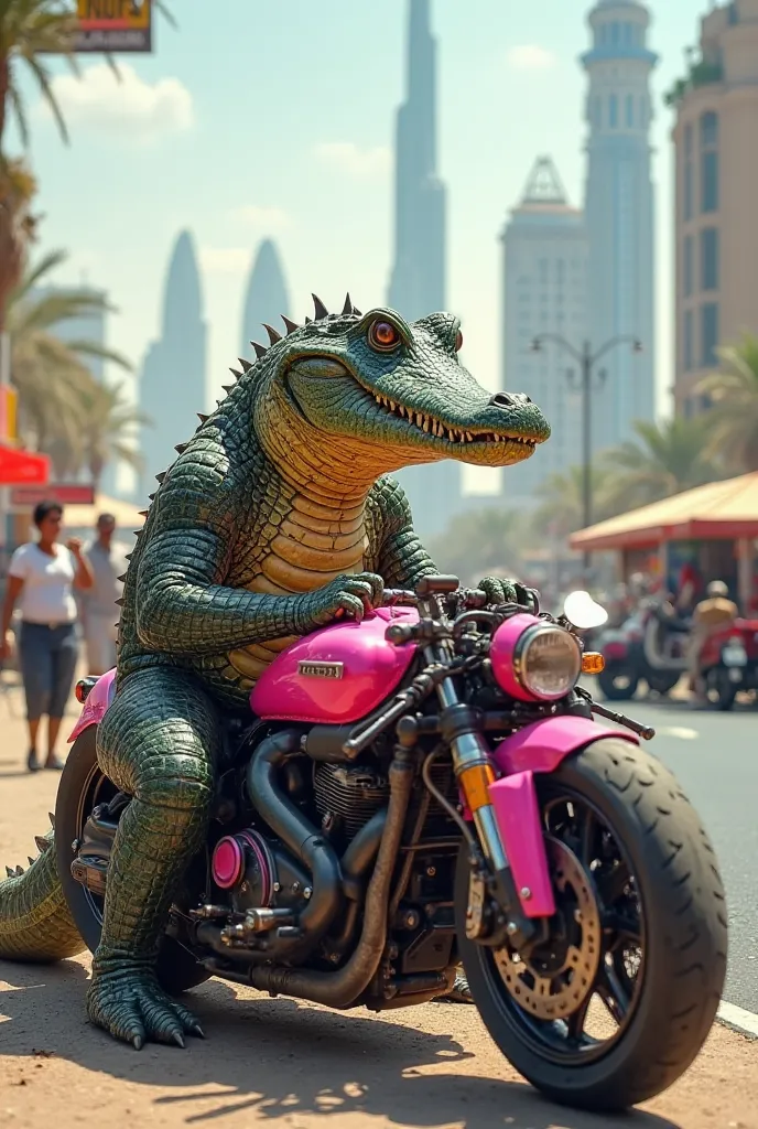 A corocodile, fixing a pink motorcycle, view of roadside in Dubai in the background , a realistic photo