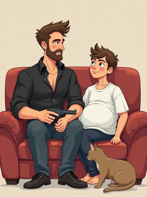 Draw a cartoon of two men, a handsome man with a tall figure in a black shirt, not buttoned, a puppet sitting on a red sofa, his right hand hugging the waist of a man sitting on his lap, his right hand holding a pistol with a backrest, and a small man look...