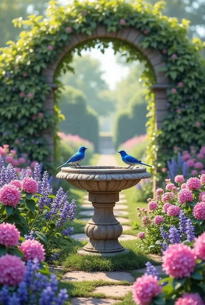 The image is a vibrant, digital photorealistic illustration of a scene depicting a lush garden. At the center of the composition is a stone birdbath fountain, which is richly decorated with a circular basin and pedestal. Two small blue birds perch on the e...