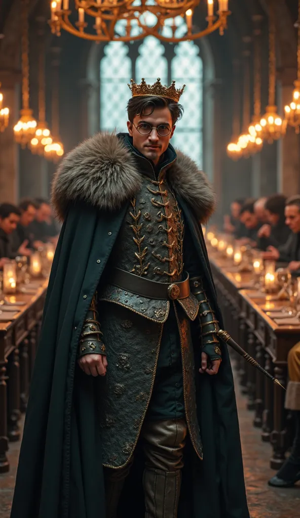 View from front, he look at camera, harry potter (((()))), walking (((()))) wearing ((((medieval king armor and big cape with fur on the collar and a crown inspired by harry potter lore and round glasses, holding a magic wand))), In the Hogwarts dining roo...