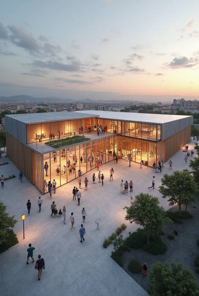 Create an architectural design for a cultural center with flexible and multifunctional spaces, intended for temporary exhibitions, art fairs and local culture, and interactive digital art exhibitions.  The building must include :

Spaces Flexible for Itine...