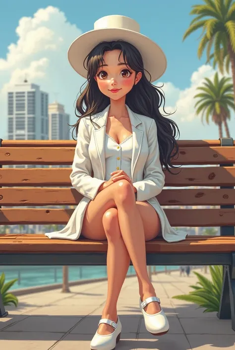 Tip: A very lovely Asian American being happy alone on a park bench in Downtown San Diego in the sun… The illustration is a high definition illustration with 4k resolution., with highly detailed facial features and cartoon style visuals, white leotard, whi...