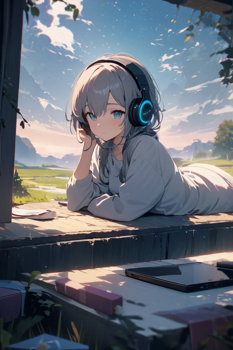   masterpiece,最  high quality, very detailed,   high definition background  ,8k,  nothing there ,  high quality, the sky is partly cloudy , [ Headphones to enjoy the silence of the morning]