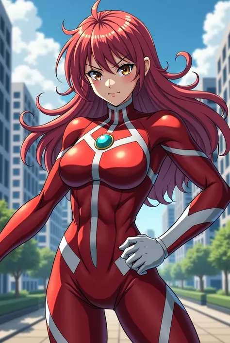  My Hero Academia Style , Anime girl, female, young female,muscular female,Full Body Shot,(fighting Pose:2),Long hair, Red Hair,  Brown Eyes,Hero Suit, Full Body Suit, red suit with white details,small round blue jewel in the center of the chest, perfect a...