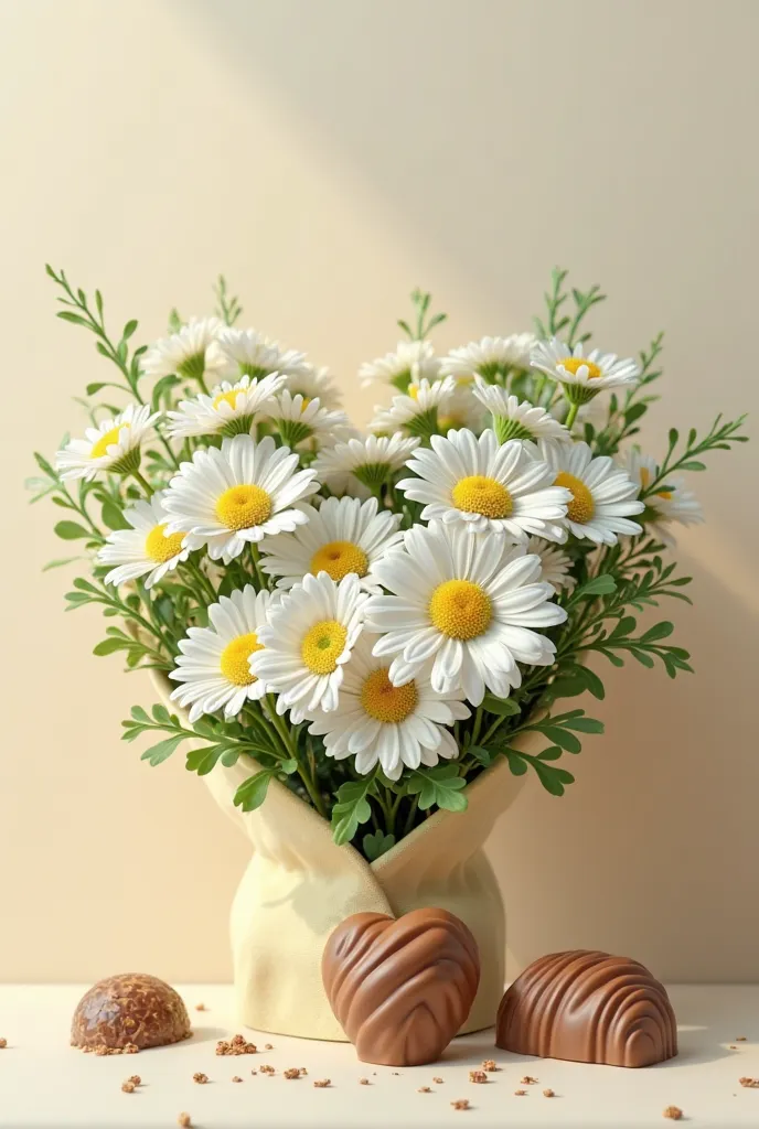 Daisy flowers in a white heart shaped bouquet next to milky dairy chocolate
