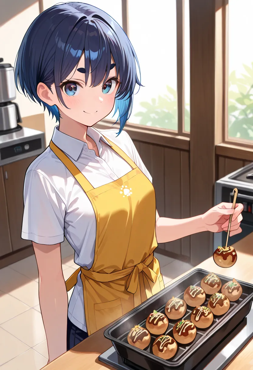 (masterpiece, best quality),,Takoyaki that shines golden,glittering gold takoyaki, A girl making golden takoyaki with a takoyaki machine. A confident look,smile. BREAK (16yo,(darkblue hair, wavy-short hair),darkblue eyes,bold eyebrows,middle small breasts,...