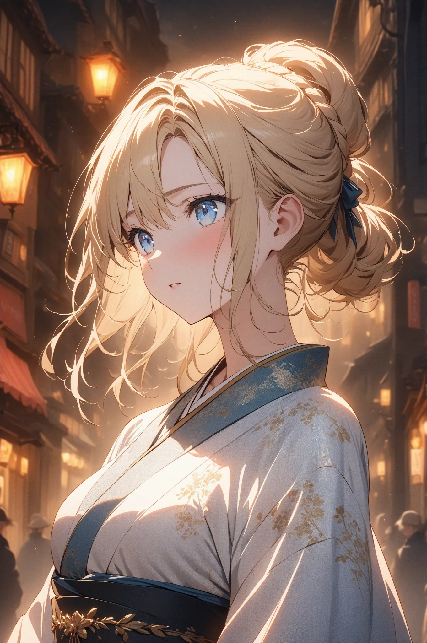 (masterpiece, detailed:1.2), One Girl, (18-years old), blonde one updo, Medium Breasts, sky blue eyes, BREAK, Highest quality, town at night, Kimono, Fullbody from front below:1.3