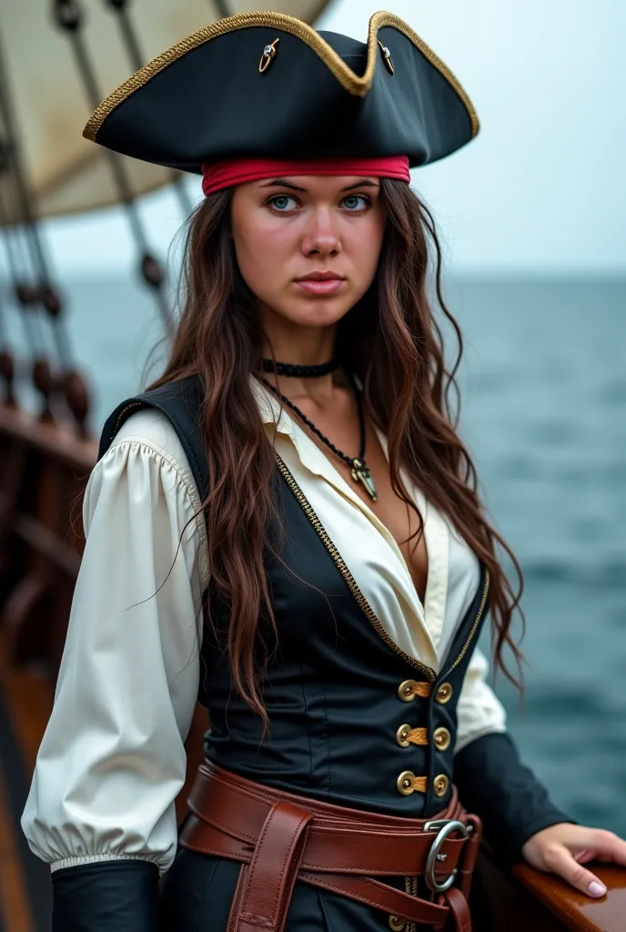 Sexy pirate, she’s a captain of the biggest ship in the world, she is wet from the rain in the ocean, she’s wearing a white and black outfit, super sexy, beautiful long brown hair, wavy, white and brown sexy outfit for a pirate, it’s dark out, dark and sex...