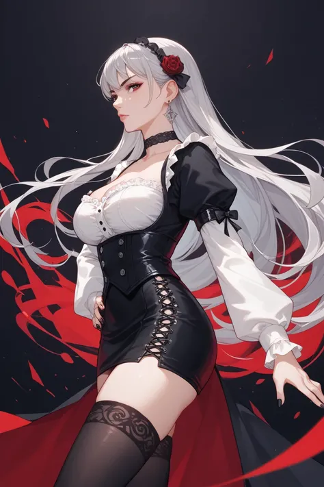 A digital illustration shoot from a profile camera angle about a character with pale skin and long, silver hair styled in a short, flowing manner, wearing a gothic outfit with a white blouse and a short black skirt, standing in the middle of the image. the...