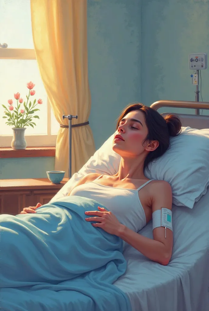 Create a digital painting of a sick woman lying in a hospital bed. She appears frail but serene, with soft lighting casting a gentle glow on her face. Her eyes reflect resilience and hope, while an IV drip is attached to her arm. The room has a calming atm...