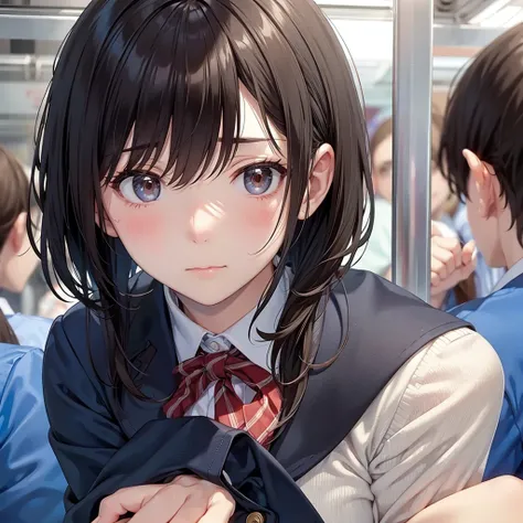  on a crowded train、Beautiful girl changing into a uniform while being watched by people around her