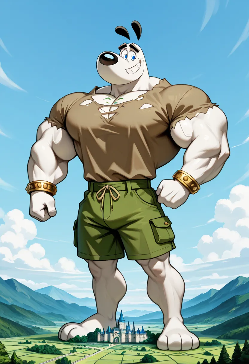 Giant muscular dudley puppy (T.U.F.F Puppy), white dog, cartoon 2d style, giant, macro size, full body, muscular body, castle background, beanstalk plant in the clouds, Masterpiece, best quality, high quality, detailed, Dudley Puppy, male, solo male, 1boy,...