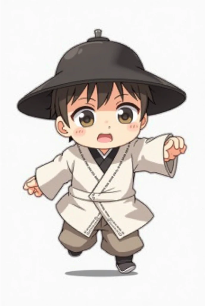 {SD},  chibi, super Deformed, anime drawing, The 50th scholars of the Joseon Dynasty, Cute drawing style, 2 heads tall, no background. No background,  Maple Story, The scholar wore a hat. I'm wearing a white coating. My eyes are round, The beard is growing...