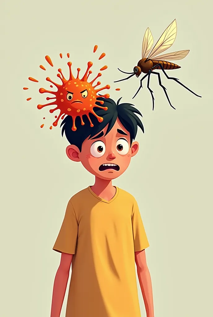 Help me draw an illustration of a person infected with dengue , just the person only , draw a virus on his head , and he is bitten by one evil mosquito . In Pixar style . Make it cute 