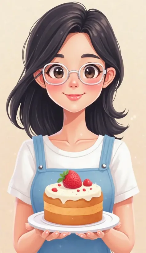 Create a cartoon style avatar (cartoon) of a smiling woman holding a simple decorated cake.  She has fair skin, black hair , large loose style. Use rectangular rimless glasses (invisible frame) and wear confectionery clothing, glasses like a light blue apr...