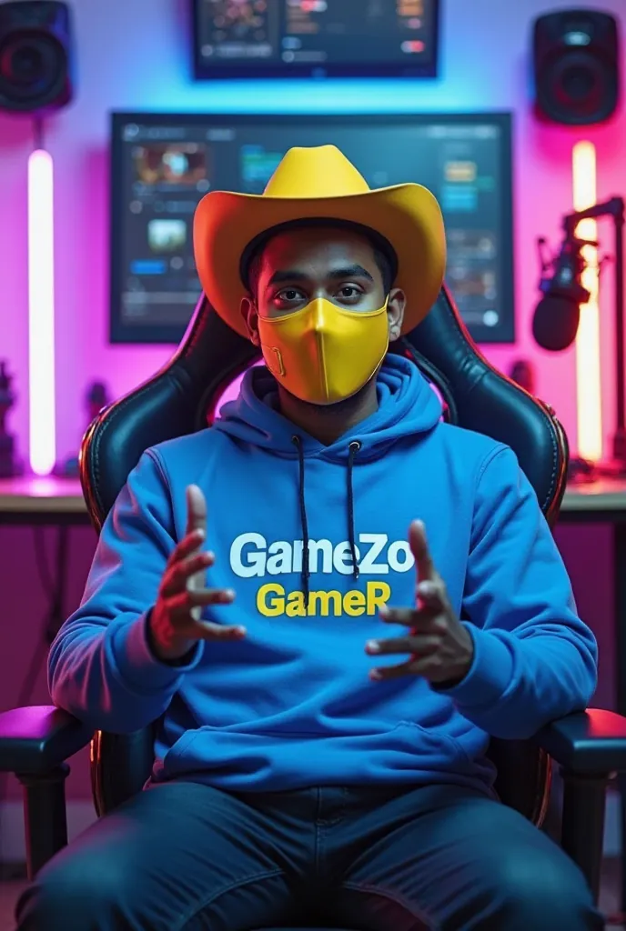 An Indian/ Bangladeshi man sitting confidently on a
modern gaming chair in his YouTube studio. He is wearing a bright blue hoodie with "GameZo GameR" boldly printed on it. His face is clearly visible and expressive despite wearing a sleek yellow covID-19 m...