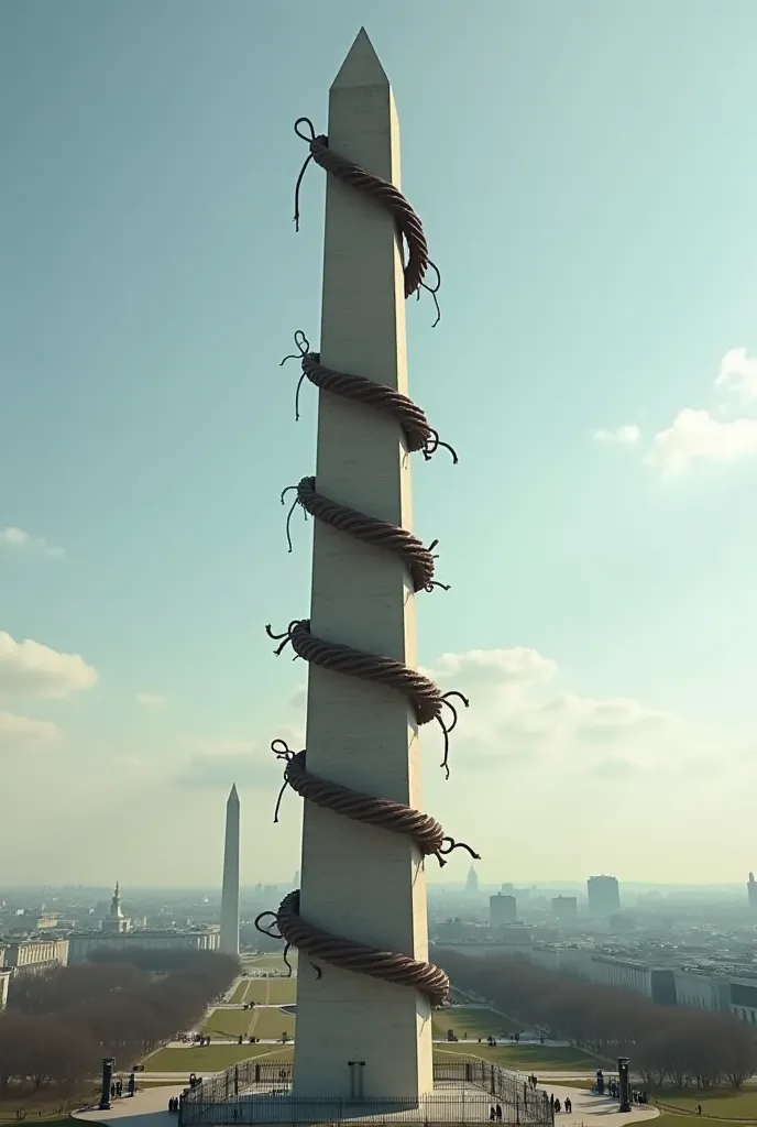 The Obelisk of Washington with a whip wrapped around it to the top of the obelisk 