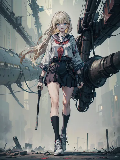 (masutepiece, Best Quality), (Perfect athlete body:1.2), (detailed hairs), Ultra-detailed, Anime style, Full body, Solo, cyberpunk sailor girl, with a huge anchor, shaped teeth, Black hair, blond eyes, Wearing sneakers, Standing in the wasteland, 8K High R...