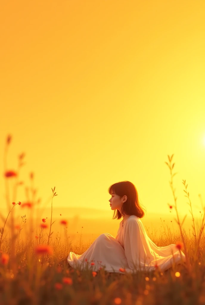 A girl wearing white cloth seat and see the beautiful orange weather