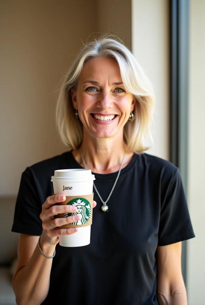 A middle-aged woman with shoulder-length light blonde hair is the central subject. She is positioned slightly to the left of center in the frame, facing directly toward the viewer. Her expression is warm and joyful, with a wide smile. The woman has light s...