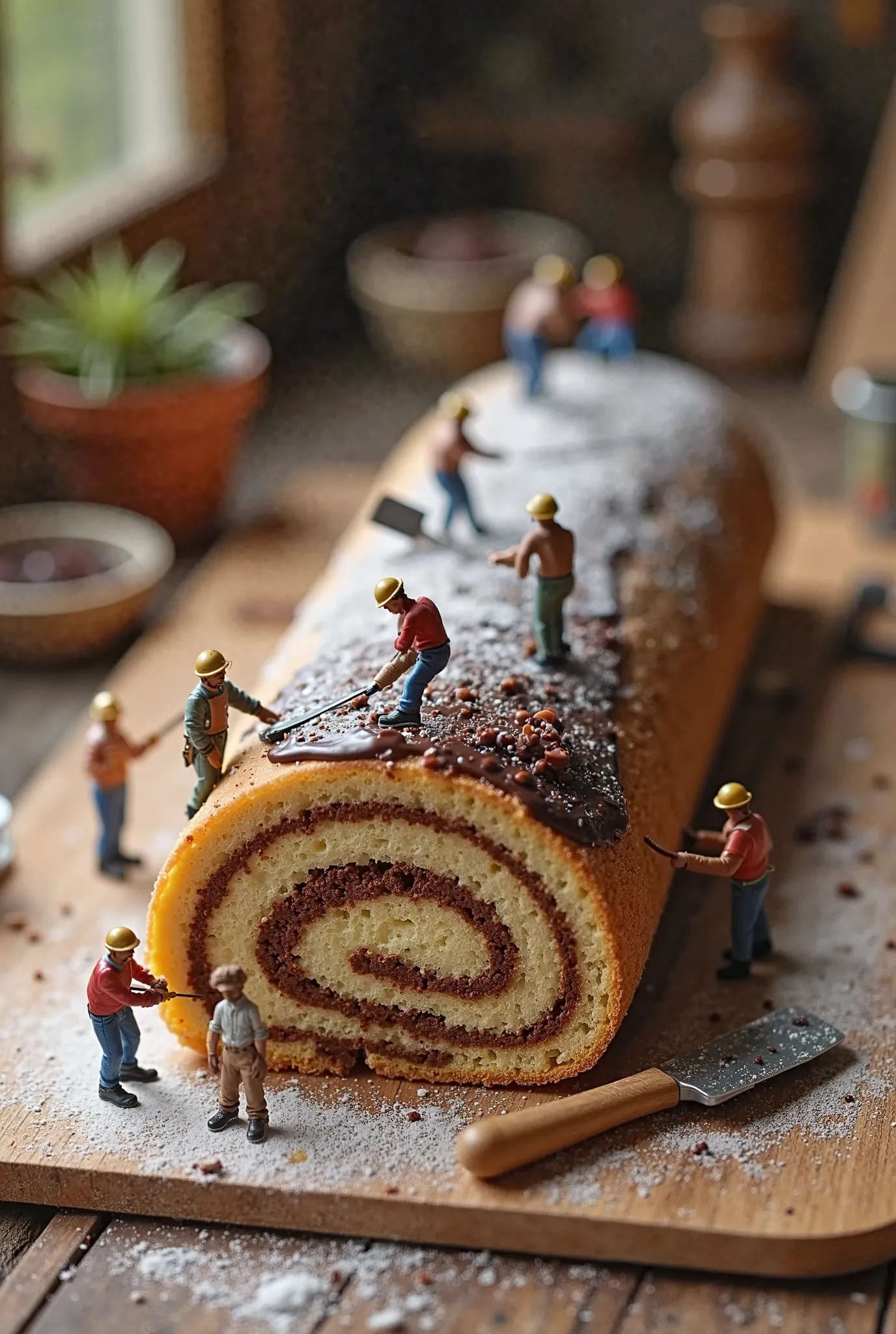 Tiny miniature workers construct an oversized Swiss roll, carefully spreading chocolate ganache over its surface. Some workers use tiny spatulas, while others roll the sponge cake into a perfect spiral. The scene is set in a rustic wooden kitchen