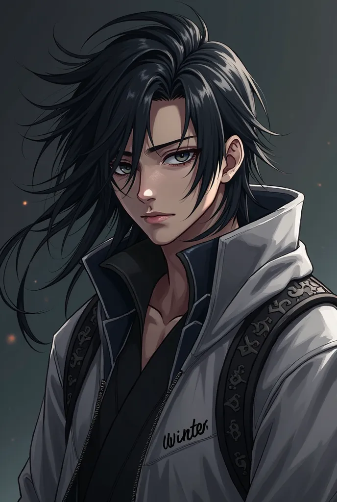 need new profile picture anime style for gaming. A black haired guy with long hair like a cool samurai, black eyes with powerful gaze. Wearing black grey jacket or black white jacket. His hair blown by the wind to his side. A little bit of dark background....