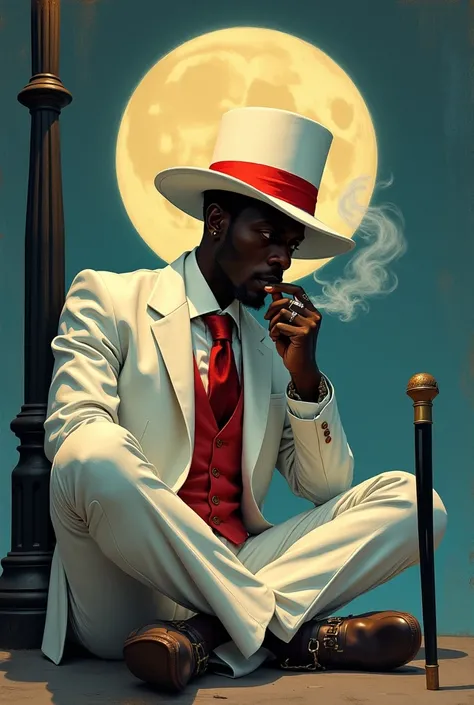 black man, wearing a white and red suit, a white hat with a red ribbon on his head, cane in hand smoking a
cigarette, smoke coming out of the cigarette, leaning cross-legged against a lamppost, with the moon in the background
