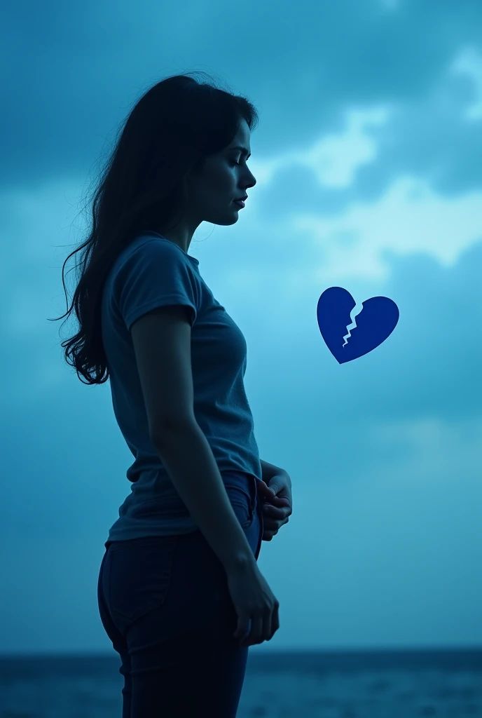 The portrait of a sad young women facing on her left side the background is blue sky with cloudy weather the theme is dark,the women is appearing at her waist ,she raised her hand,and blue broken heart is floating in air