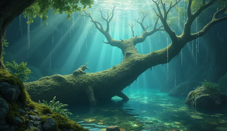 There is a mossy tree trunk in the water, Underwater view, Underwater landscape, amazing depth, Stunning screensaver,  Magical environment , Underwater scenery,  Soak underwater  , floating in a lake , Underwater plants,   ，The background is amazing nature...