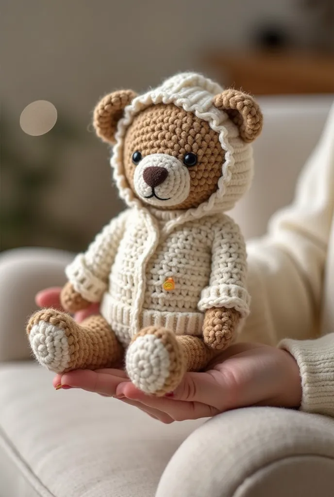 The image focuses on a small, hand-crocheted teddy bear held by a person. The bear is light brown, with a textured, almost fuzzy appearance indicating that it's made of yarn. It's wearing a cream-colored crocheted hooded sweater. The sweater features a sub...