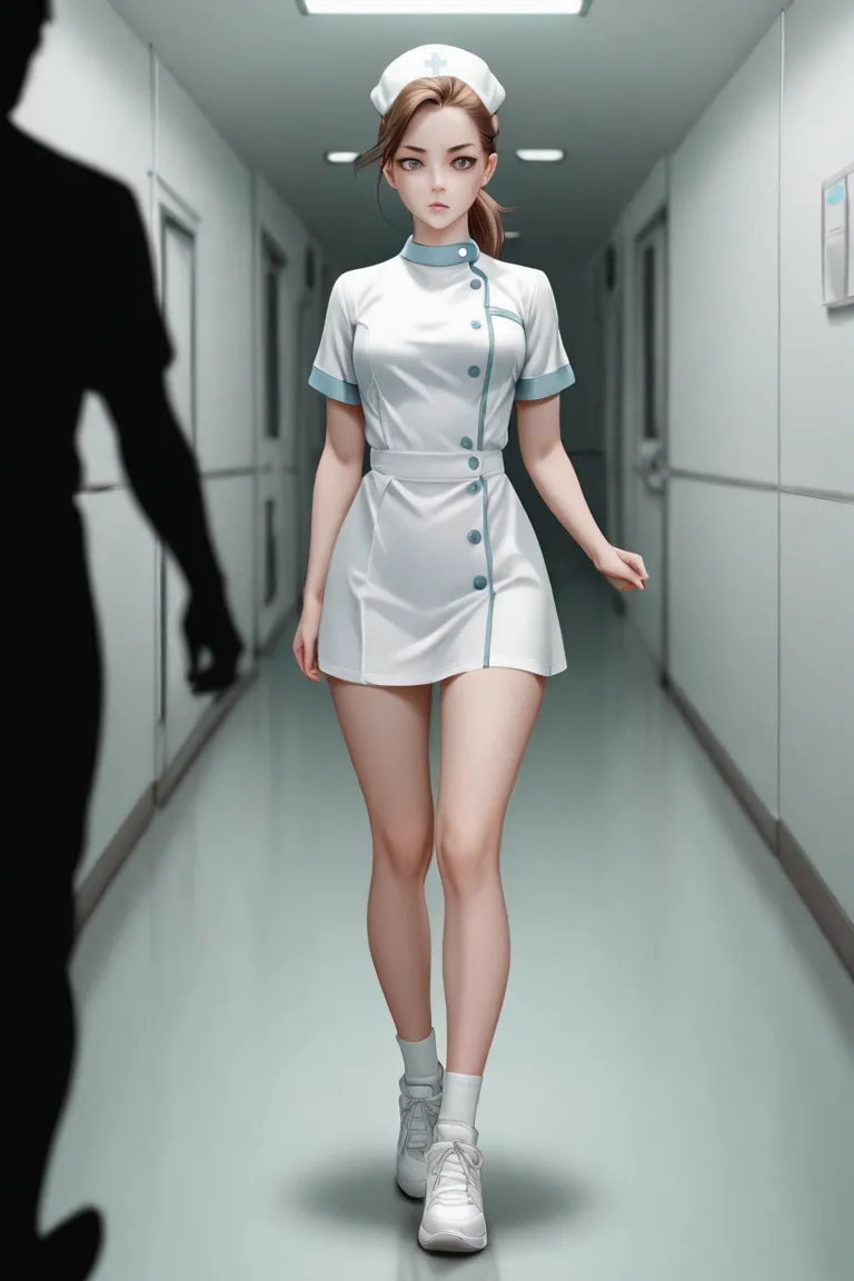 In a captivating and high-quality photograph, a Caucasian nurse with short brown hair, pulled back into a ponytail, is seen walking through a hospital interior. She wears a crisp white uniform tunic that cinches at her waist, revealing a micro-mini dress b...