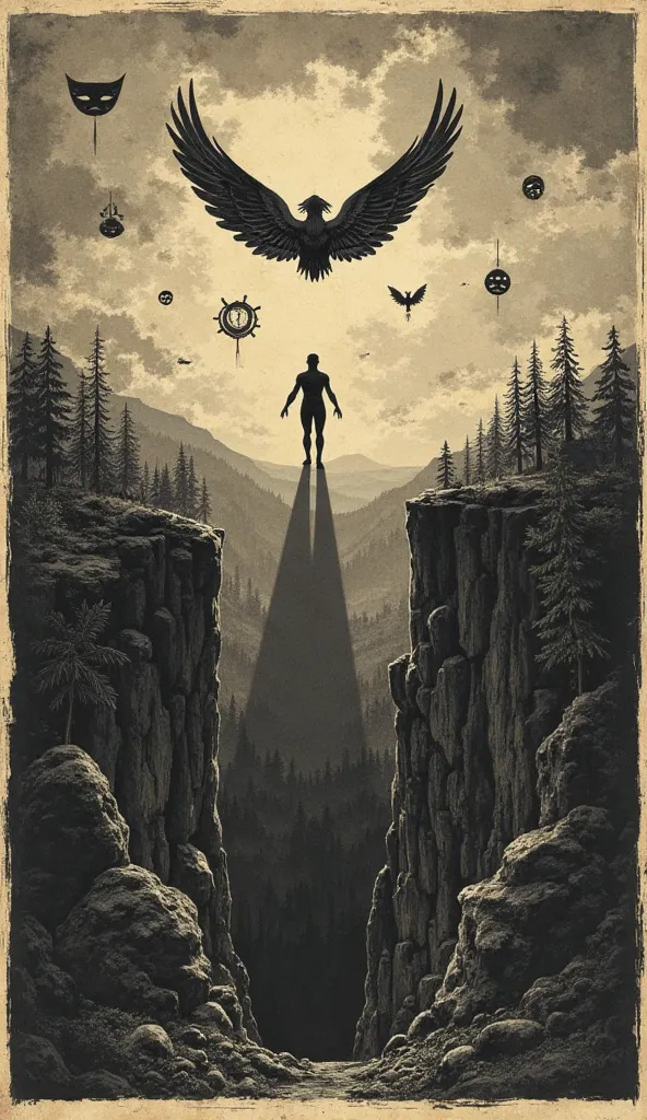 Vintage style illustration, inspired by 19th century engravings, with sepia tones and black and white.  in the center, a human figure with a back, standing on the edge of a deep and dark abyss, symbolizing anguish and freedom.  Behind the figure , a shadow...