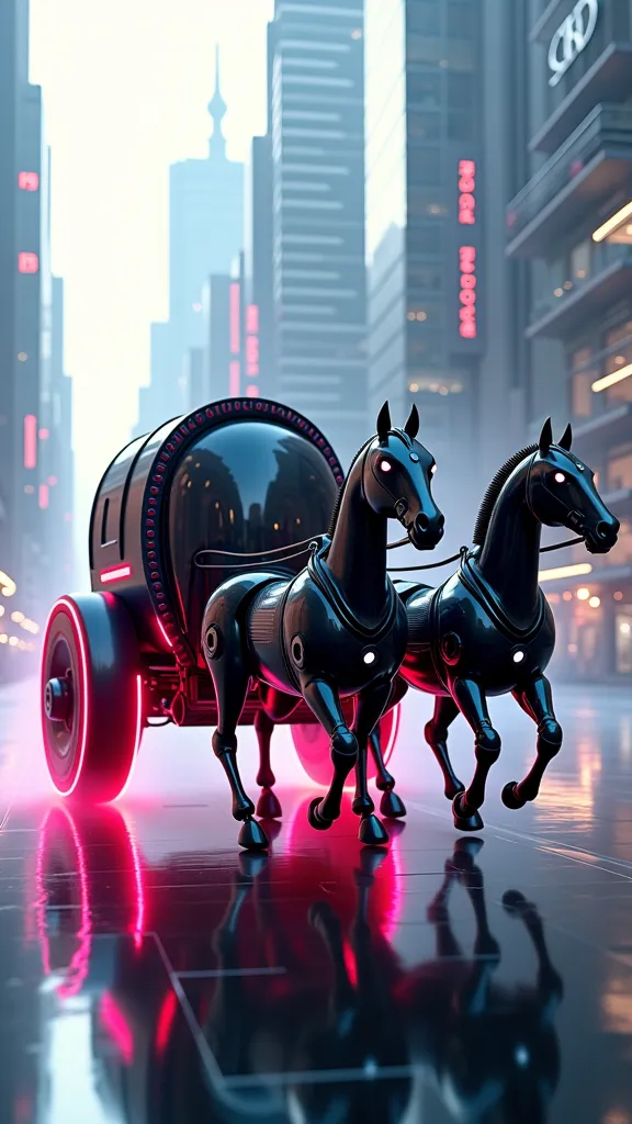 The carriage of the future. Robots carry horses. Large tinted carriage. Robot horses. Carriage with RGB lighting 