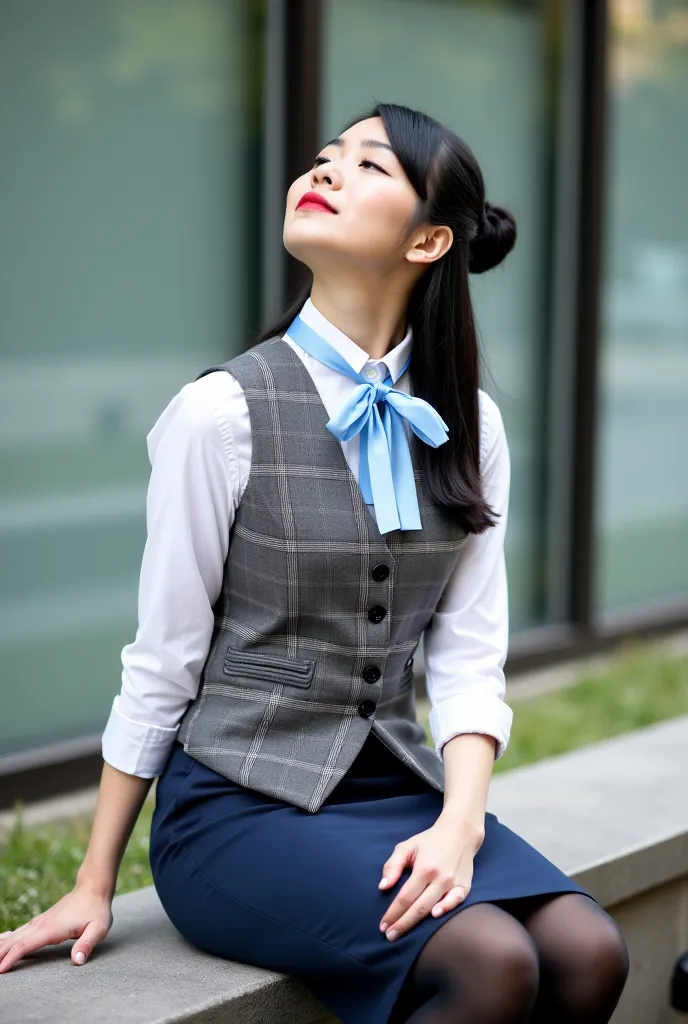 A beautiful Japanese woman on the bench. Her head is thrown back. She is wearing a neatly tailored gray checkered vest with a prominent check pattern over a white blouse, a navy blue knee-length pencil skirt, a light blue silk ribbon tied around her neck, ...