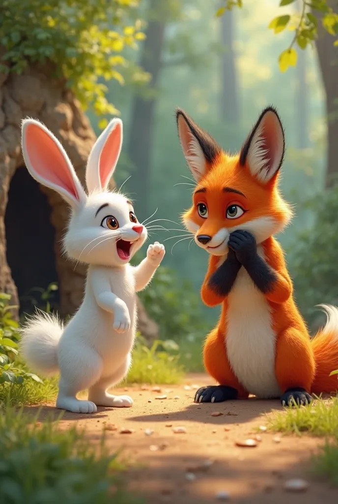 A playful white rabbit pops out of another hole far away, standing on its hind legs and waving happily. A frustrated red fox facepalms in defeat, funny Pixar-style animation."